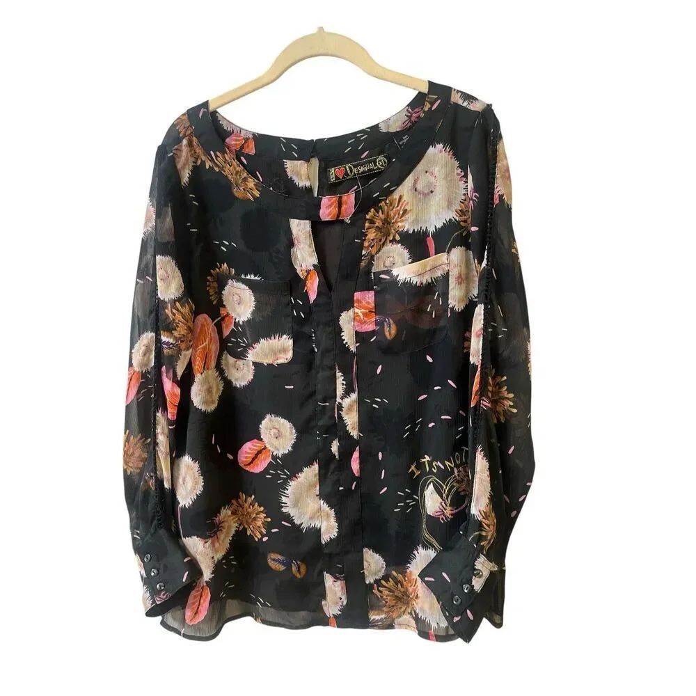 Desigual boho floral blouse tiny edging lace sz XL
